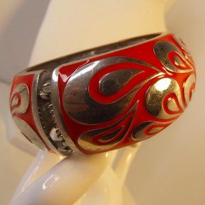 Chunky Clamper Bracelet - Enamel in Coral/Orange & Silver Tone